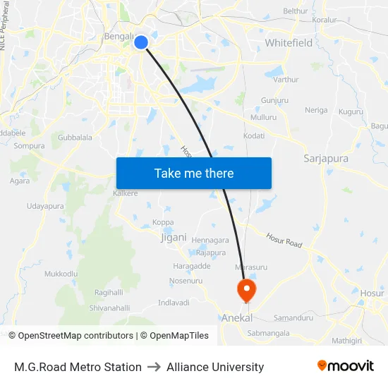 M.G.Road Metro Station to Alliance University map