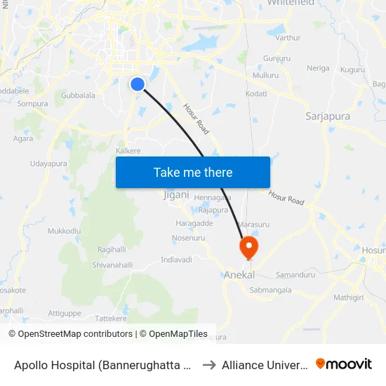 Apollo Hospital (Bannerughatta Road) to Alliance University map