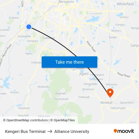 Kengeri Bus Terminal to Alliance University map