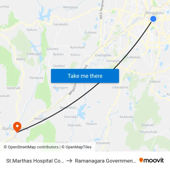 St.Marthas Hospital Corporation to Ramanagara Government Hospital map