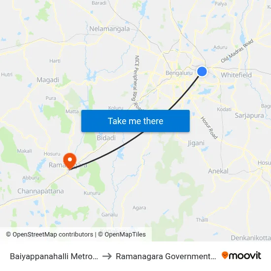 Baiyappanahalli Metro Station to Ramanagara Government Hospital map