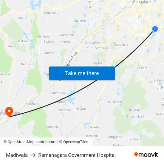 Madiwala to Ramanagara Government Hospital map