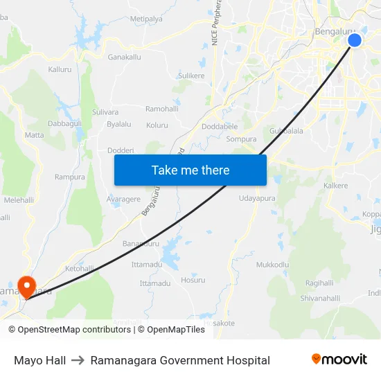 Mayo Hall to Ramanagara Government Hospital map