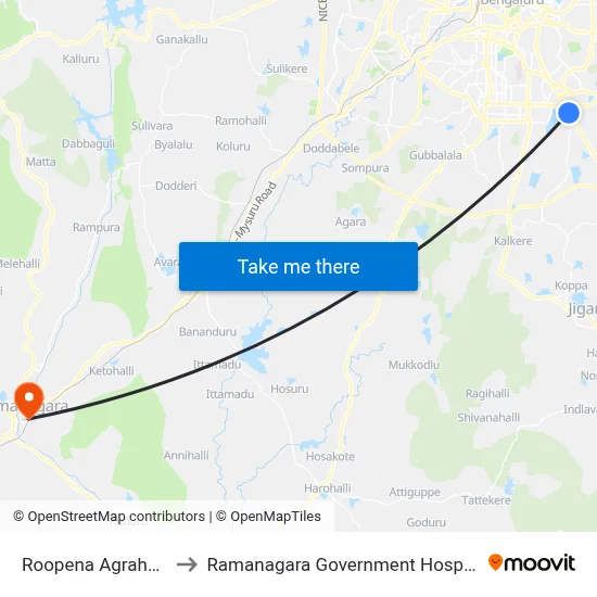 Roopena Agrahara to Ramanagara Government Hospital map