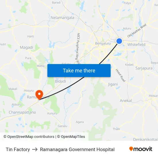 Tin Factory to Ramanagara Government Hospital map