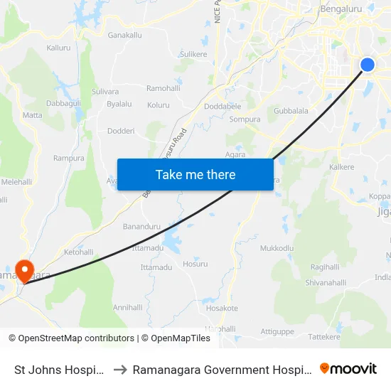 St Johns Hospital to Ramanagara Government Hospital map