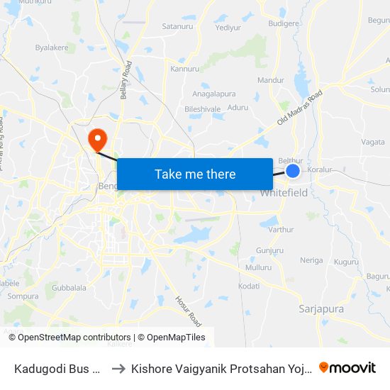 Kadugodi Bus Station to Kishore Vaigyanik Protsahan Yojana (Kvpy) map