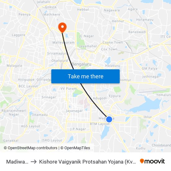 Madiwala to Kishore Vaigyanik Protsahan Yojana (Kvpy) map