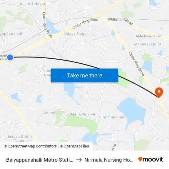 Baiyappanahalli Metro Station to Nirmala Nursing Home map