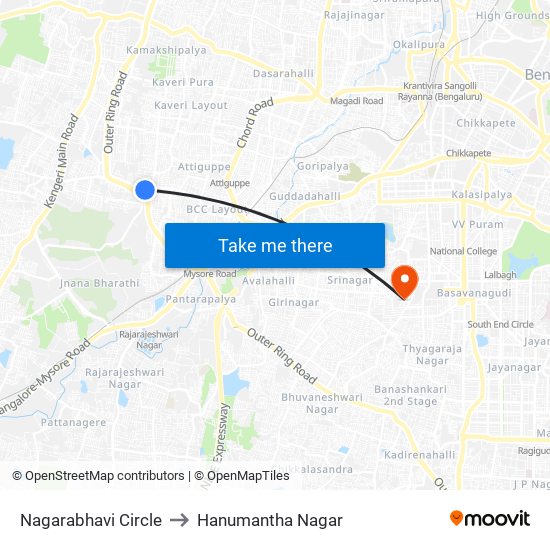 Nagarabhavi Circle to Hanumantha Nagar map