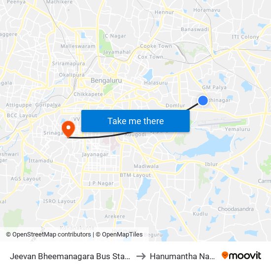 Jeevan Bheemanagara Bus Station to Hanumantha Nagar map
