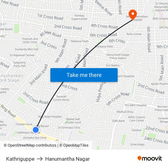 Kathriguppe to Hanumantha Nagar map