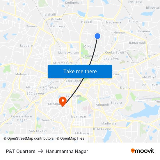 P&T Quarters to Hanumantha Nagar map