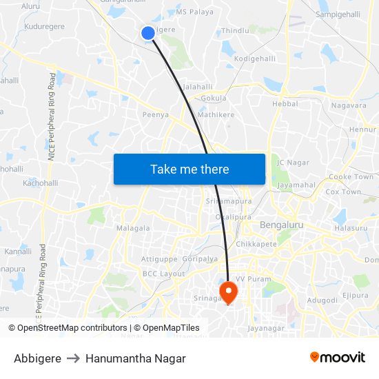 Abbigere to Hanumantha Nagar map