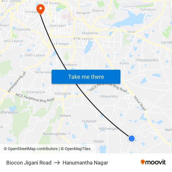 Biocon Jigani Road to Hanumantha Nagar map