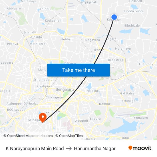 K Narayanapura Main Road to Hanumantha Nagar map