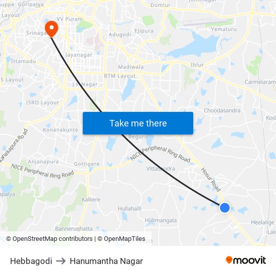 Hebbagodi to Hanumantha Nagar map