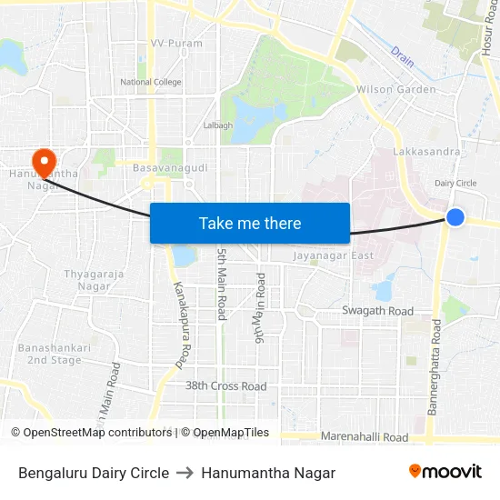 Bengaluru Dairy Circle to Hanumantha Nagar map