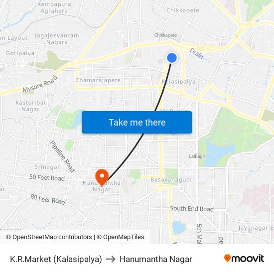 K.R.Market (Kalasipalya) to Hanumantha Nagar map