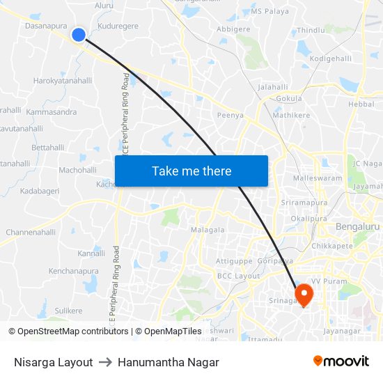 Nisarga Layout to Hanumantha Nagar map