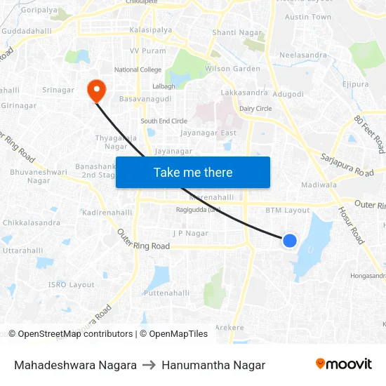 Mahadeshwara Nagara to Hanumantha Nagar map