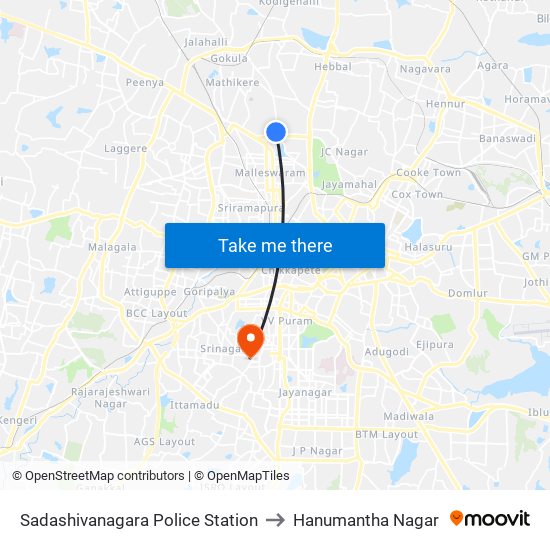 Sadashivanagara Police Station to Hanumantha Nagar map