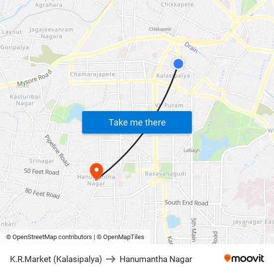 K.R.Market (Kalasipalya) to Hanumantha Nagar map