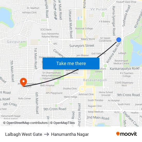 Lalbagh West Gate to Hanumantha Nagar map