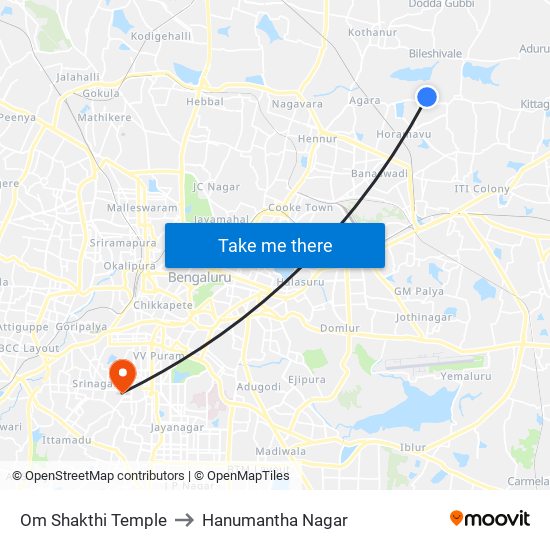 Om Shakthi Temple to Hanumantha Nagar map