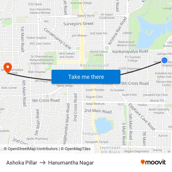 Ashoka Pillar to Hanumantha Nagar map