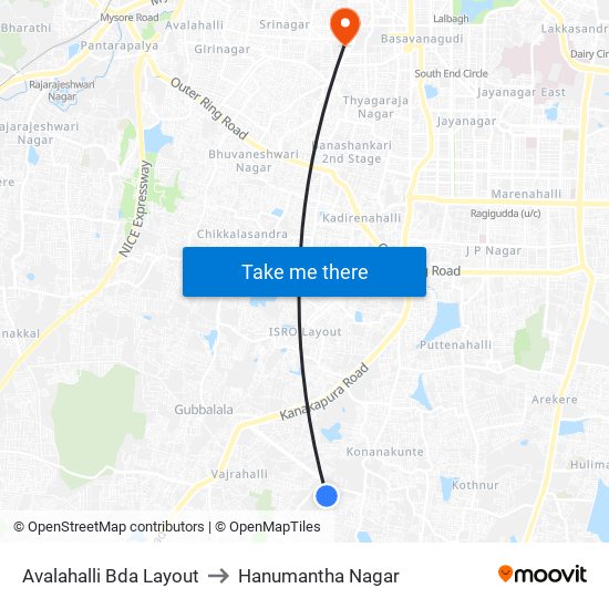 Avalahalli Bda Layout to Hanumantha Nagar map