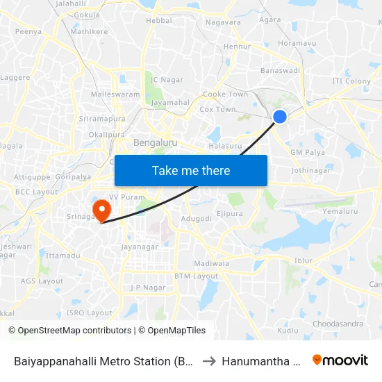 Baiyappanahalli Metro Station (Back Gate) to Hanumantha Nagar map