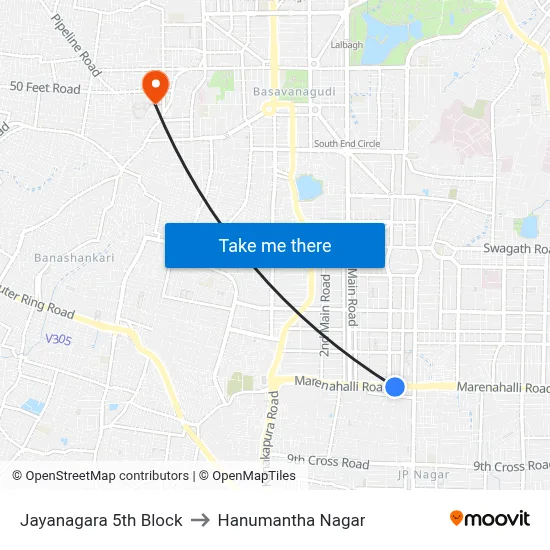 Jayanagara 5th Block to Hanumantha Nagar map