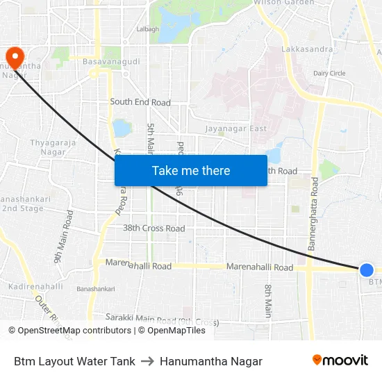 Btm Layout Water Tank to Hanumantha Nagar map