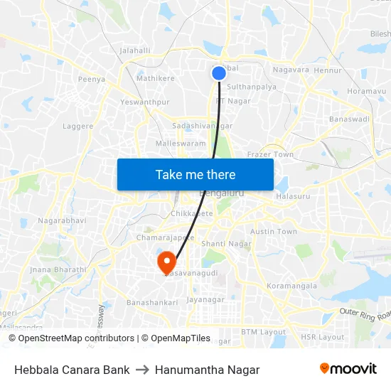 Hebbala Canara Bank to Hanumantha Nagar map
