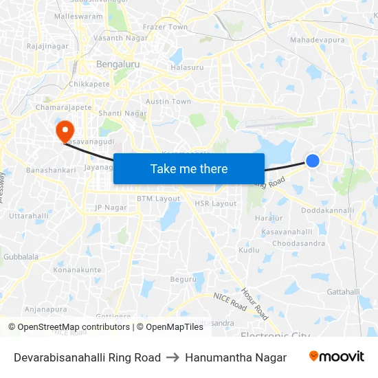 Devarabisanahalli Ring Road to Hanumantha Nagar map