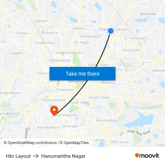 Hbr Layout to Hanumantha Nagar map