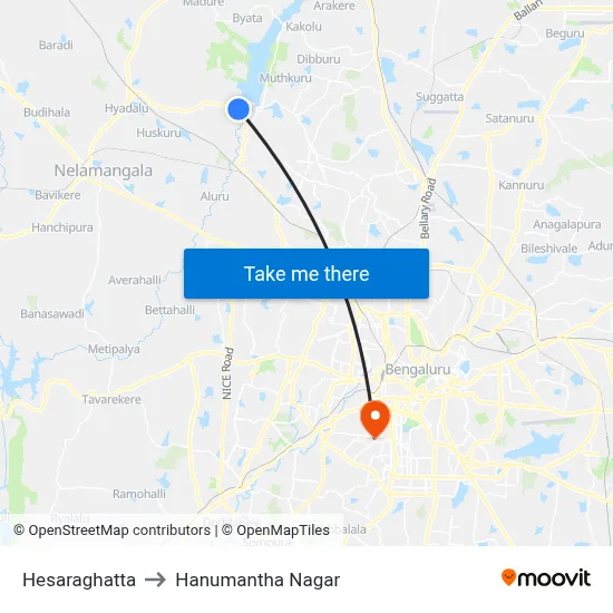 Hesaraghatta to Hanumantha Nagar map