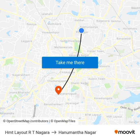 Hmt Layout R T Nagara to Hanumantha Nagar map