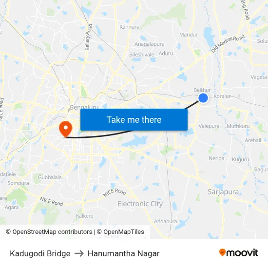 Kadugodi Bridge to Hanumantha Nagar map