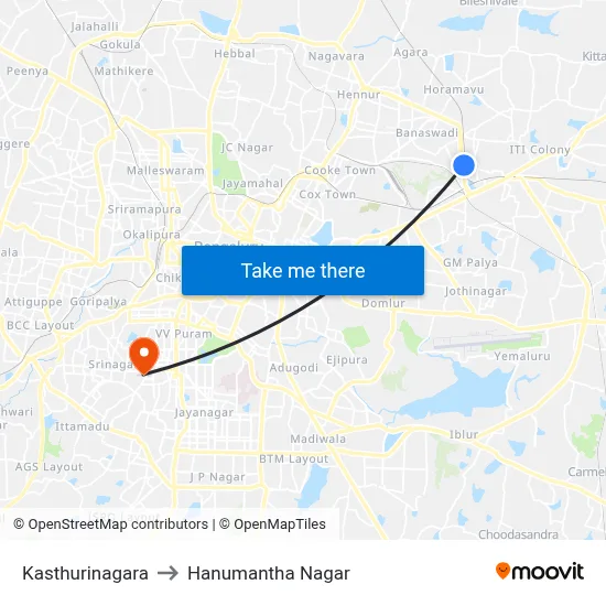 Kasthurinagara to Hanumantha Nagar map