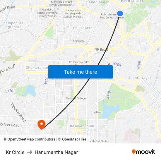 Kr Circle to Hanumantha Nagar map