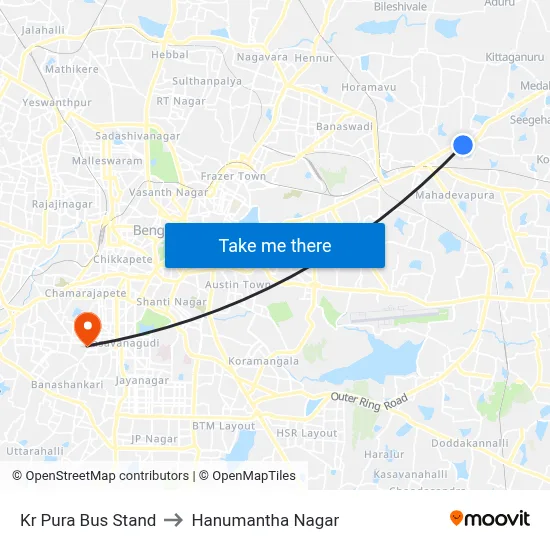 Kr Pura Bus Stand to Hanumantha Nagar map