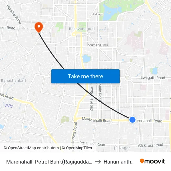 Marenahalli Petrol Bunk(Ragigudda Metro Station) to Hanumantha Nagar map