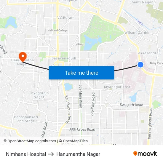 Nimhans Hospital to Hanumantha Nagar map