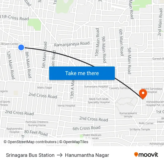 Srinagara Bus Station to Hanumantha Nagar map