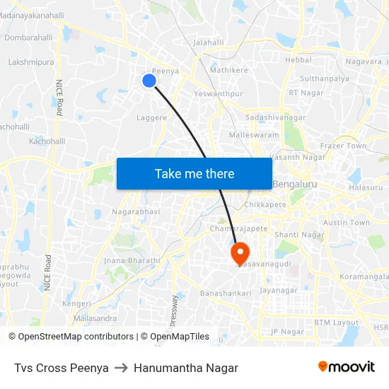 Tvs Cross Peenya to Hanumantha Nagar map