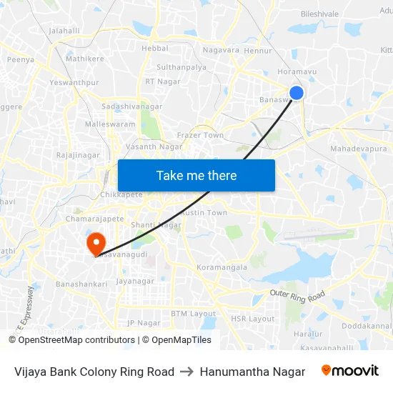 Vijaya Bank Colony Ring Road to Hanumantha Nagar map