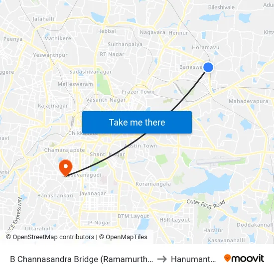 B Channasandra Bridge (Ramamurthy Nagara Ring Road) to Hanumantha Nagar map