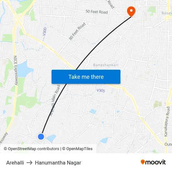 Arehalli to Hanumantha Nagar map